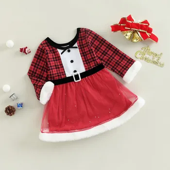 Рождественское платье для маленьких девочек 2022 года, Клетчатое плюшевое платье из тюля в стиле пэчворк с сеткой, осенне-зимнее вечернее платье с круглым вырезом и длинным рукавом