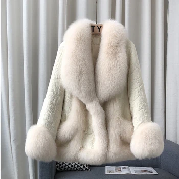 Роскошное огромное пальто на белом гусином пуху с воротником из натурального лисьего меха для женщин 2023, новые зимние теплые меховые парки abrigos invierno niña WL03
