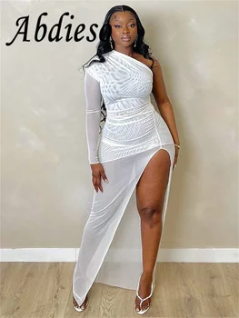 Abdieso Белое сексуальное сетчатое облегающее платье на одно плечо, женское прозрачное платье с открытой спиной, Летние пляжные платья без рукавов с рюшами 2024 г.