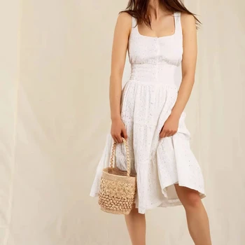 Женское хлопковое белое вышитое открытое однобортное платье без рукавов, милое платье миди с цветочным рисунком на талии, модная нижняя юбка