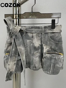 Летние мини-юбки с базовым поясом в американском стиле с низкой талией 2023, винтажные камуфляжные джинсовые короткие юбки-карго, боевые комбинезоны