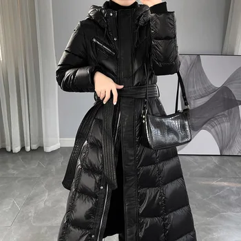 Женская зимняя длинная пуховая куртка с высококачественным поясом на молнии, черное темно-синее пуховое пальто