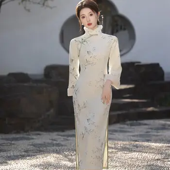 Сексуальное Весеннее Длинное Платье Cheongsam в китайском стиле Женское Праздничное платье Qipao для банкета Тонкие платья Lady Button Vestido S-XXXL
