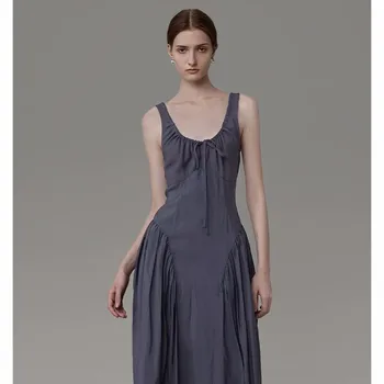 Женское платье без рукавов с U-образным вырезом на лето 2023, новое французское платье в стиле ретро, Высококлассный дизайн, облегающий талию, топ на бретелях L
