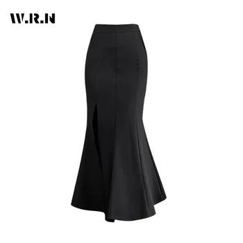 Зимние винтажные Элегантные однотонные офисные женские юбки средней длины 2023, Женская повседневная черная вечерняя юбка в стиле ретро с высокой талией, облегающая фигуру