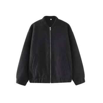 SLTNX TRAF Модные куртки-бомберы для женщин 2023, осенние шикарные пальто, женская Передняя молния с карманами, Черная Повседневная Новая верхняя одежда
