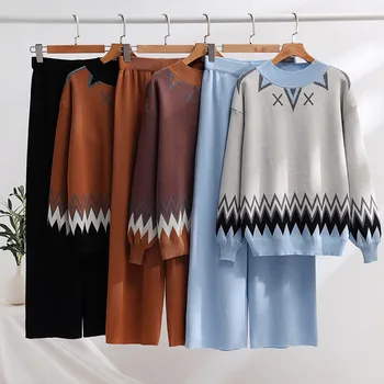 Винтажные женские комплекты свитеров, вязаная рубашка с круглым вырезом и контрастным клетчатым принтом + однотонные широкие брюки с высокой талией, 2 предмета женского костюма для отдыха