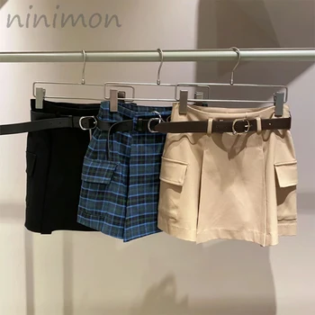 Мини-брюки NINIMON, юбка, Новая юбка с высокой талией и плиссированным поясом, женские повседневные универсальные брюки с высокой талией и карманом, плиссированные