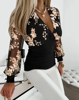 Сексуальная рубашка с V-образным вырезом и длинным рукавом, блузка, офисная женская весенне-осенняя модная элегантная Белая открытая рубашка для женщин 2023, женские топы