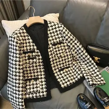 винтажный короткий твидовый жаккет, женские корейские модные вязаные кардиганы в полоску с v-образным вырезом, пальто, универсальная повседневная осенняя элегантная верхняя одежда