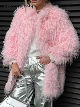 Модная розовая куртка из искусственного меха, пальто, Женский свободный кардиган с круглым вырезом и длинным рукавом, 2023, осень-зима, Элегантная теплая верхняя одежда для леди