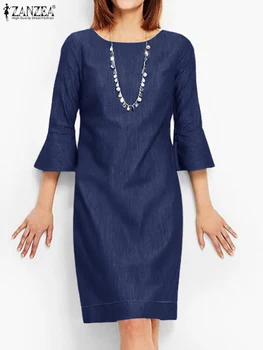 Женское Однотонное джинсовое платье с элегантным круглым вырезом, Повседневные вечерние платья ZANZEA с расклешенными рукавами, Женские халаты для летних праздников 2024 года