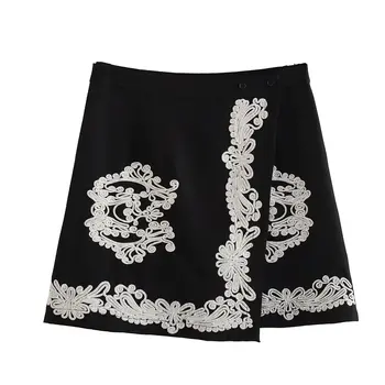 Женская элегантная винтажная короткая юбка с высокой талией, черная мини-юбка с вышивкой, Шикарная женская одежда 2023 Года, Новинка