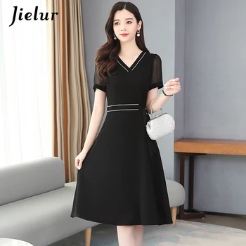 Шифоновое женское платье Jielur, однотонное летнее платье с коротким рукавом и V-образным вырезом, Тонкие новые платья, Элегантные платья с высокой талией, M-4XL