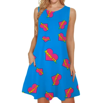 Богемные мини-сарафаны с 3D принтом Love Синего цвета, женские платья Vestidos, Свободные футболки с круглым вырезом, без рукавов, с карманом, женская одежда