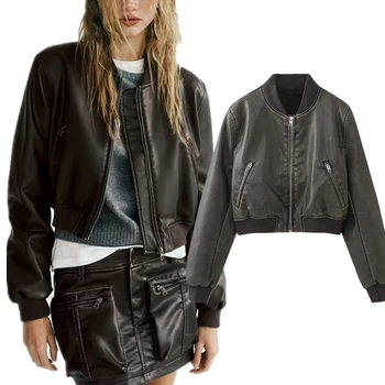 Увядшая американская винтажная потертая кожаная куртка на молнии в стиле бойфренда, повседневная мотоциклетная куртка для женщин, топы