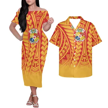 HYCOOL Tonga Island Dress Полинезийские Комплекты Элегантных Повседневных Гавайских Платьев Для Пар С Открытыми Плечами, Длинные Облегающие Платья Королевского Синего Цвета