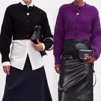 Короткий вязаный свитер для женщин 2023, Новый однобортный модный однотонный повседневный кардиган с длинными рукавами и круглым вырезом