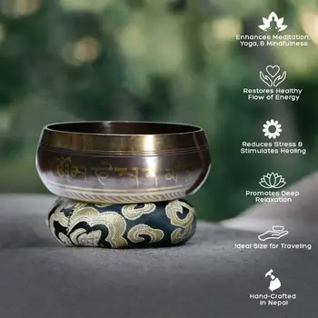 Набор тибетских поющих чаш с новой двусторонней подушечкой для поглаживания, изготовленной вручную в Непале для медитации, исцеления и осознанности