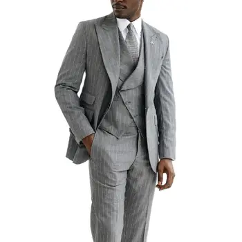 Официальные мужские костюмы из 3 предметов, приталенный светло-серый в мелкую полоску, повседневные деловые комплекты мужской одежды, куртка, жилет, брюки, большие и высокие