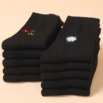 5 пар высококачественных маминых носков в цветочек, черные универсальные жаккардовые носки со свободным воротом, удобные хлопковые утепленные дышащие носки