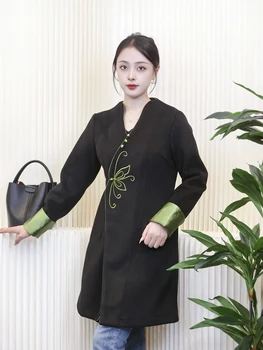 Черное модифицированное тибетское пальто с низким воротником, осенний женский топ средней длины