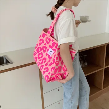 Розовая леопардовая сумка через плечо, женская повседневная сумка большой вместимости, женские милые холщовые сумки, сумочка-ведро