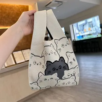 Вязаная сумочка ручной работы, многоразовые хозяйственные сумки большой емкости Cat, сумка для девочек на запястье с вязаным узлом