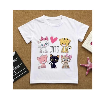 Летние цветы, футболка с мультяшным котом Love You, детская одежда для девочек, футболка для мальчиков, детский белый топ из чистого хлопка с короткими рукавами