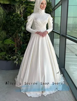 Арабское атласное мусульманское свадебное платье в Дубае, свадебное платье трапециевидной формы, женское свадебное платье принцессы из тюля, изысканные аппликации, кружево.