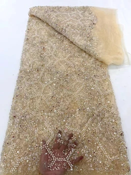Африканская Французская кружевная ткань с блестками и бисером 2024, высококачественная Желтая ткань с Нигерийской вышивкой, материал для вечернего шитья