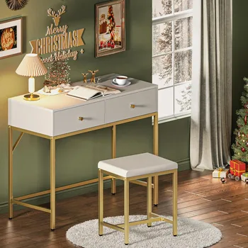 35,4-дюймовый бело-золотой письменный стол с 2 выдвижными ящиками, современные туалетные столики для макияжа с мягким стулом, Небольшие компьютерные столы для домашнего офиса
