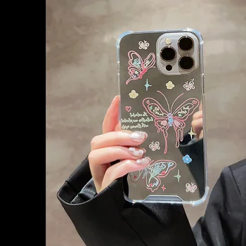 Butterfly Mirror Flower Ins Чехлы для телефонов iPhone 11 12 13 14 15 Pro Max для iPhone XS XR Корейский Винтажный Чехол для iPhone Розовый Новый