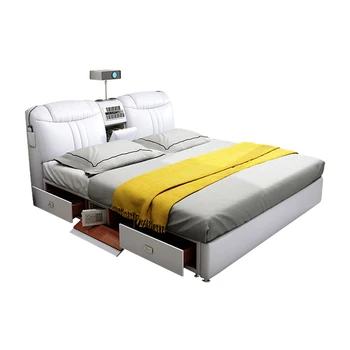 Интеллектуальная массажная кожаная двуспальная кровать в главной спальне, современный минималистичный проектор, кровать для молодоженов