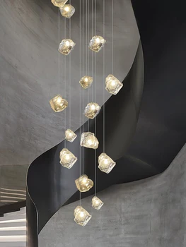 Подвесной светильник из каменного стекла, люстра в лофт-холле в гостиной, светодиодная подвесная потолочная лампа G9, длинная лестничная люстра