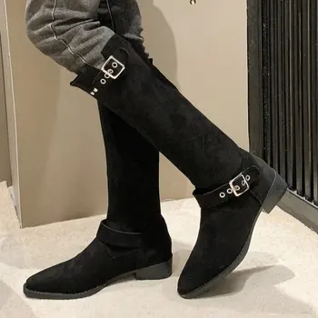 Зимние новые женские длинные сапоги с модной пряжкой и круглым носком, женские сапоги до колена, уличные рыцарские сапоги на плоской подошве в английском стиле