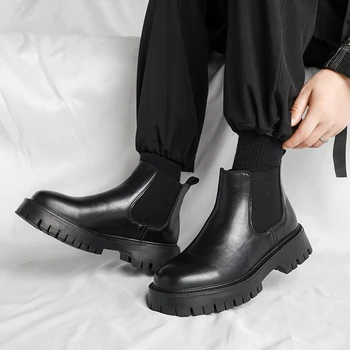 Высококачественная обувь Мужские увеличенные ботинки Челси Элегантные кожаные зимние короткие ботинки Деловые ботинки Кожаные плюшевые туфли с круглым носком
