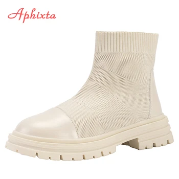 Aphixta 2022 Зимние водонепроницаемые короткие ботинки на платформе Женские Из эластичной ткани На двухслойной толстой подошве Модная дышащая обувь