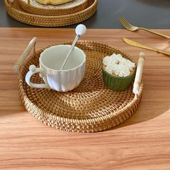 Круглые тарелки для хранения продуктов с деревянной ручкой, тарелка для еды из ротанга ручной работы, натуральная простота, износостойкие для торта, закуски, напитка