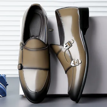 Офисные модельные туфли для мужчин, повседневные деловые мужские лоферы, кожаная обувь в британском стиле, уличные Zapatos 2023, дышащий ремешок с пряжкой