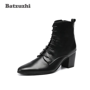 Ковбойские сапоги Batzuzhi/ Мужские Ботильоны на высоком каблуке 6,8 см, черные ботильоны из мягкой кожи на толстом каблуке, Мужская обувь Zapatos Hombre, Мужские ботинки на шнуровке
