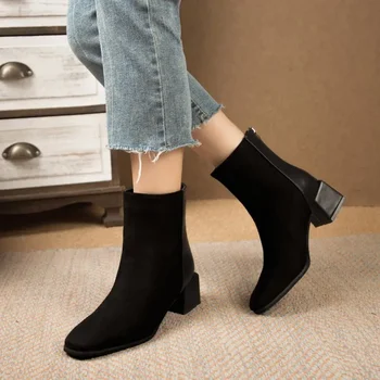 Женские ботинки с квадратным носком на толстом каблуке, модные простые женские ботильоны, зимние однотонные однотонные модные ботинки на высоком каблуке