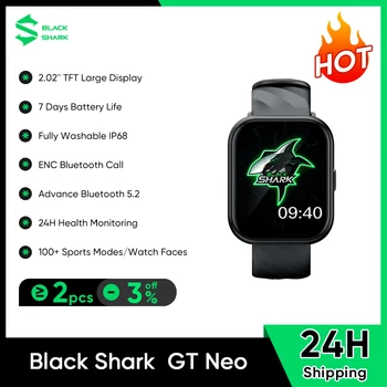 Новые умные часы Black Shark GT Neo с 2,02-дюймовым TFT дисплеем для мониторинга состояния здоровья, спортивные часы для фитнеса, срок службы батареи 7 дней, полностью моющиеся