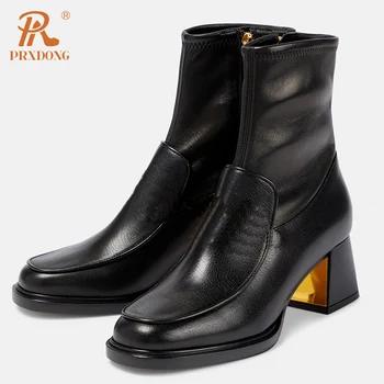 Женская обувь PRXDONG, новинка 2023 года, брендовые осенне-зимние ботильоны из натуральной кожи на среднем квадратном каблуке, Черно-бежевая рабочая женская обувь для платья.