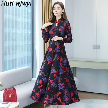Винтажное праздничное платье с цветочным рисунком Чонсам в китайском стиле, осень-зима, плотное теплое элегантное платье Макси 2023, женское облегающее повседневное платье