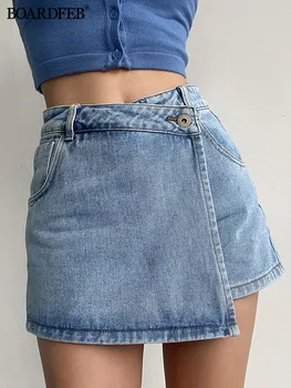 Джинсовая юбка Шорты Женские Y2K Повседневные Летние Однотонные шорты с высокой талией Асимметричные женские уличные джинсовые мини-юбки трапециевидной формы