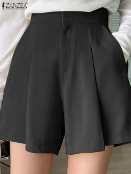 ZANZEA Женские Модные шорты с высокой талией Лето 2023, Однотонные Плиссированные Повседневные Короткие брюки, Корейские офисные шорты Оверсайз