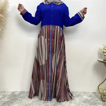 Халат с длинными Рукавами Исламская Одежда Дубай Абаи Синий Принт Мусульманское Платье Лоскутные Вечерние Платья для Женщин Абая Мусульманский Кафтан