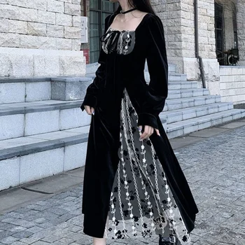 Зимнее черное винтажное бархатное платье, женское кружевное платье Миди в стиле пэчворк для вечеринки Хепберн, женские элегантные модные дизайнерские платья 2021 года