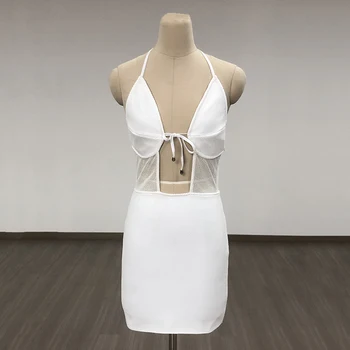 Белое сексуальное облегающее мини-платье с бретельками на шее 2023, элегантное платье без рукавов из вискозы с глубоким вырезом, вечеринка знаменитостей